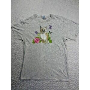 Gray White Cat Butterfly Flower Women’s shirt size medium